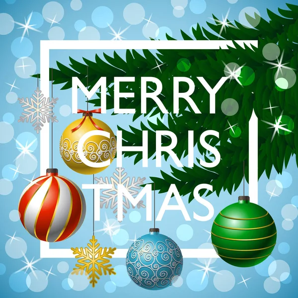 Boldog karácsonyt üdvözlőlap, tipográfia, karácsonyfa ágai, dekoratív labdák, ezüst és arany hópelyhek a kék háttérben fény realista stílusban. — Stock Vector