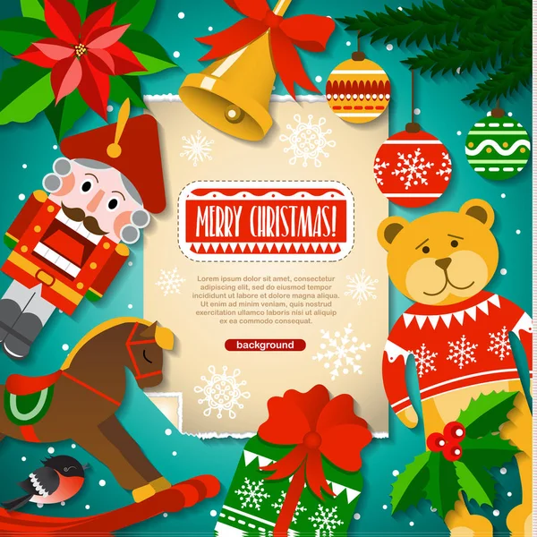 Noel Noel öğeleri, oyuncaklar, süslemeleri ve karikatür tarzı karda arka plan. Metin örneği ve kar taneleri ile Kraft kağıt.