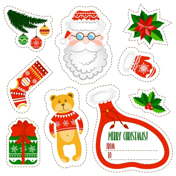 Weihnachtsaufkleber auf weißem Hintergrund. Weihnachts- und Neujahrsaufkleber im Cartoon-Stil. Weihnachtsmann-Elemente mit Muster und Ornamenten. — Stockvektor