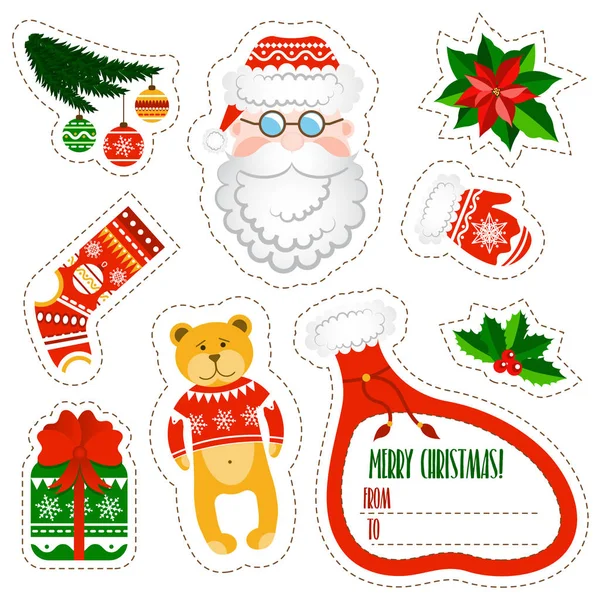 Noel çıkartmaları beyaz arka plan üzerinde ayarlayın. Noel ve yeni yıl tatilleri çıkartmaları koleksiyonunda karikatür tarzı. Desen ve süs eşyaları ile Noel Baba öğeleri ayarla.