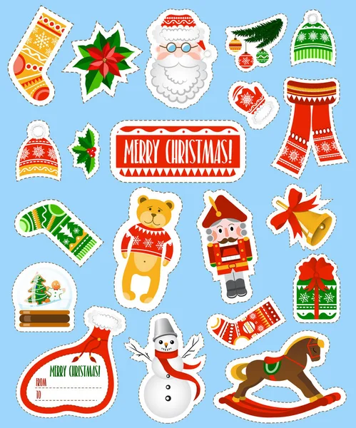 Büyük Noel etiketleri üzerinde mavi arka plan ayarlayın. Noel ve yeni yıl tatilleri çıkartmaları koleksiyonunda karikatür tarzı. — Stok Vektör