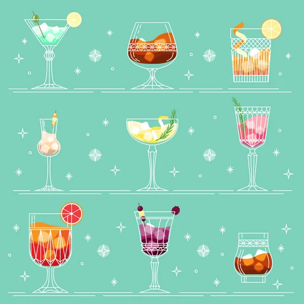 Cocktail e bevande alcoliche in linea con lo stile artistico. Diversi tipi di bicchieri da cocktail e cocktail di presentazione. Natale, Capodanno, cocktail party per il giorno della nascita. Tendenze cocktail . — Vettoriale Stock