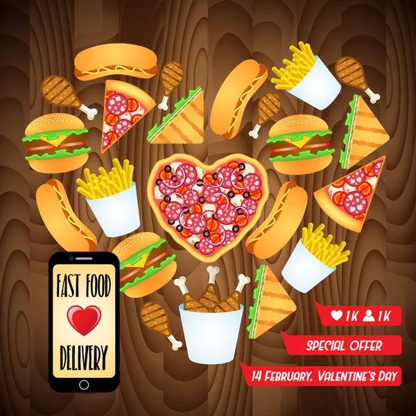 Fast food ikony w kształcie serca. Czarny telefon komórkowy z dostarczania aplikacji. Jak i komentarze licznik. Fast food menu karty, plakat, projekt transparentu. Jedzenie dla Valentine's Day party i romantyczną randkę. — Wektor stockowy