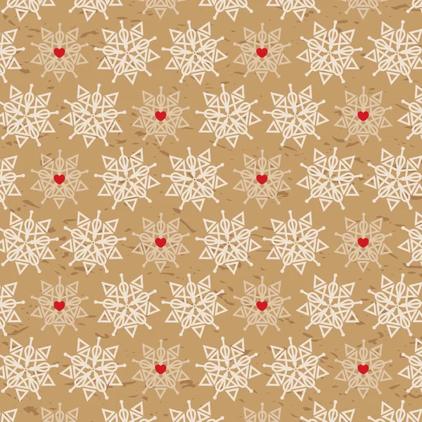 Wunderschöne Schneeflocken mit Herzmuster auf Kraftpapier-Hintergrund im Hipster-Stil. Muster für den Valentinstag. Geschenkpapier-Design. — Stockvektor