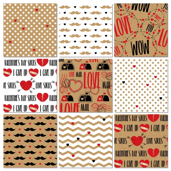 Nagy Valentine's Day pattern szett szívét, bajusz, pontok, nyilak, cikk-cakk, betűk, mailbosex csípő stílusban kraft papír alapon. Csomagolópapír, papír, karton, háttérgrafika. — Stock Vector