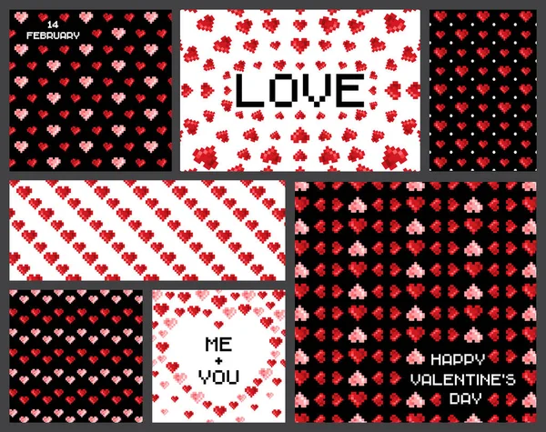 Dia dos Namorados corações padrão definido na arte pixel, estilo retro em fundos preto e branco. Pixel elementos de tipografia de arte: amor, 14 Fevereiro, eu e você, feliz Dia dos Namorados . —  Vetores de Stock