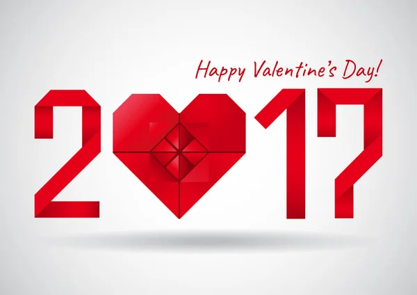Sevgililer günü kartı, afiş, poster, arka plan tasarımı. Yeni origami kalp ve kırmızı tipografi 2017 ile gölge gri arka plan üzerinde kağıt gerçekçi tarzda.