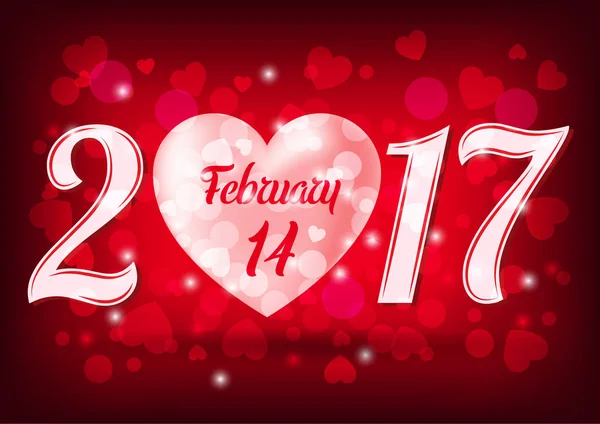 Cartão de Dia dos Namorados, banner, cartaz, design de fundo. Coração rosa, tipografia 14 Fevereiro 2017 com luzes e sombra em estilo realista sobre fundo vermelho . —  Vetores de Stock