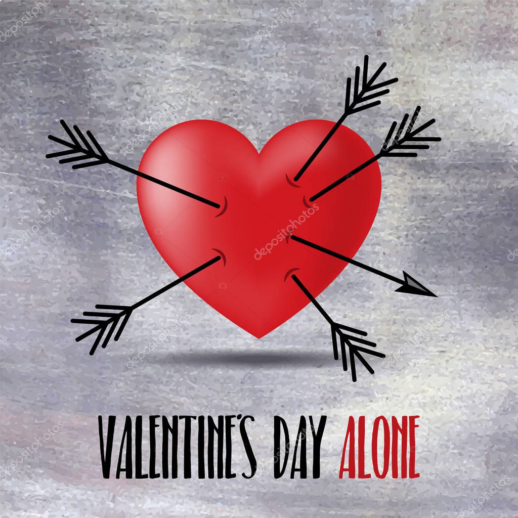Heart and broken arrows in realistic style on metal texture background. Valentine's Day alone.Valentine's Day card, banner, poster, background design.