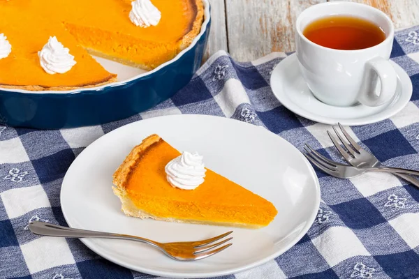Portion of delicious bright orange pumpkin open pie on plate — Stock Photo, Image