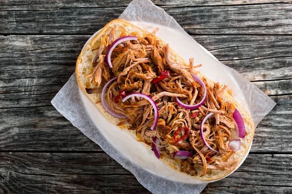 Barbeque Pulled Pork ciabatta open Sandwich, top view — Stock Photo, Image