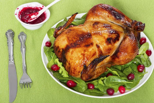 Celé grilované kuře, špenát, rukola a brusinkový salát — Stock fotografie
