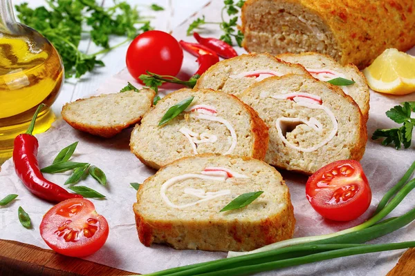 Minced white fish fillets roll-up slices — Stock Image Minced white fish fillets roll-up slices Royalty Free Stock Photos