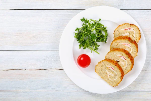 Fish roll-up with crab meat cut in slices — Stock Image Fish roll-up with crab meat cut in slices Stock Photo