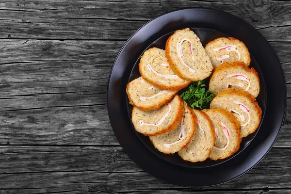 Fish roll-up with crab meat cut in slices — Stock Image Fish roll-up with crab meat cut in slices Stock Image