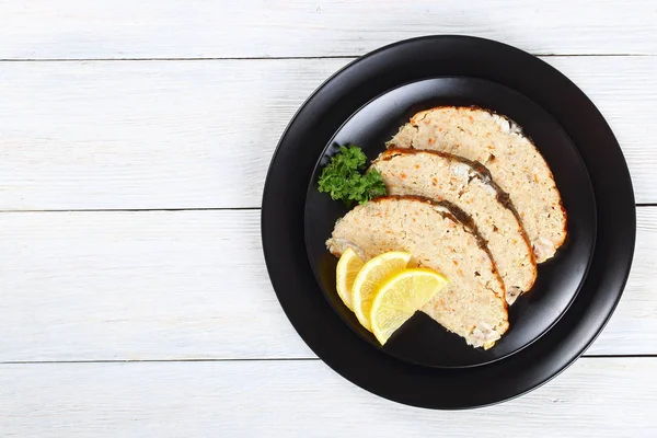 Gefilte minced carp fillets cut in slices — Stock Image Gefilte minced carp fillets cut in slices Stock Image