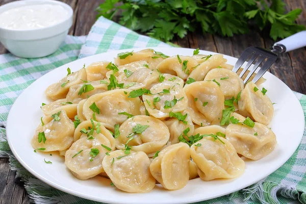 Zelfgemaakte vlees dumplings van volkoren meel — Stockfoto