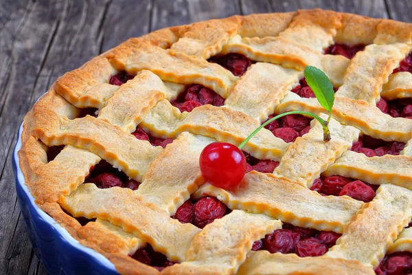 Torta de cereja azeda com muito reticulado topo — Fotografia de Stock