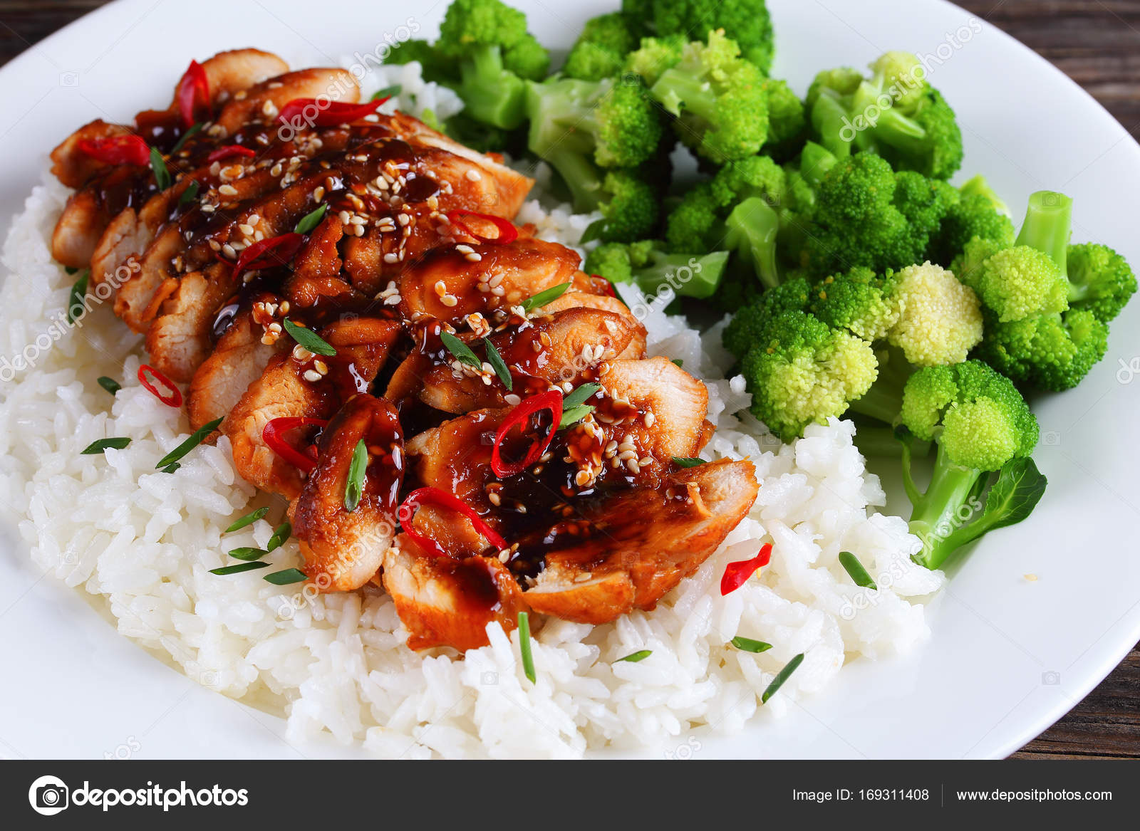 Tasty teriyaki chicken breasts with rice — Stock Photo © myviewpoint