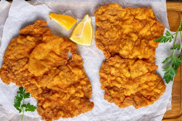 Hot schnitzel prepared from veal slices — Stock Photo, Image