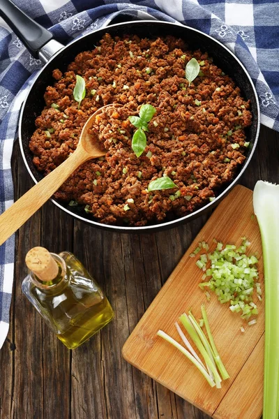 Delicious bolognese ragout in frying pan — Stock Photo, Image