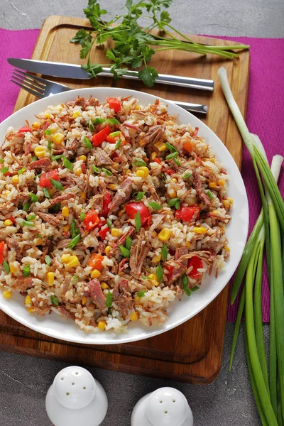 Geschreddertes saftiges Rindfleisch gemischt mit Reis — Stockfoto