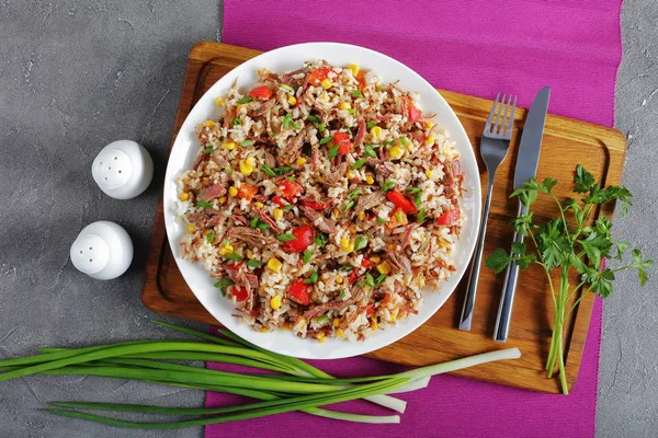 Saftiges Rindfleisch gemischt mit Reis auf Teller — Stockfoto