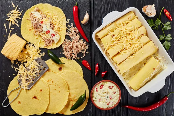 Corn tortillas layered with shredded meat — Stock Image Corn tortillas layered with shredded meat Stock Image