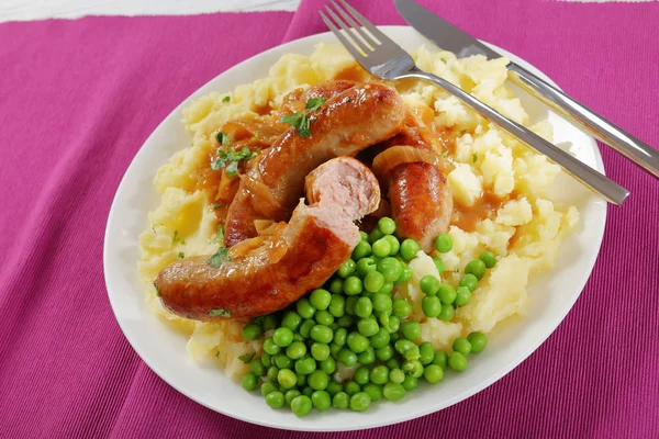 Bangers and mash, classic recipe, top view — Stock Photo, Image