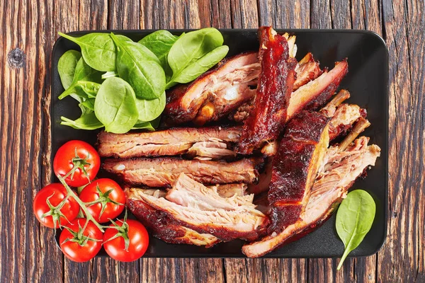 close-up of delicious sliced BBQ ribs