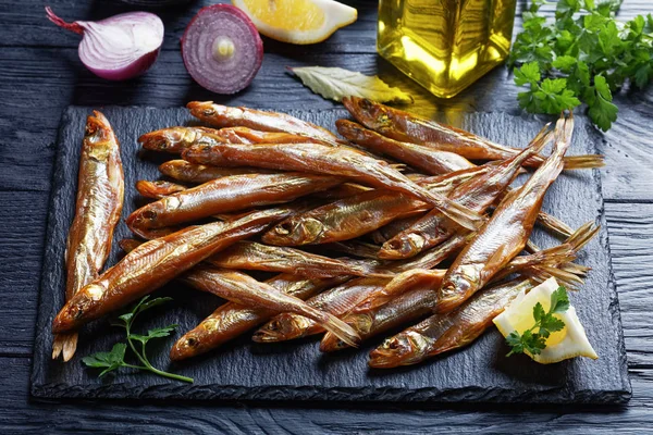 Close-up of cold smoked smelts, top view — Stock Photo, Image