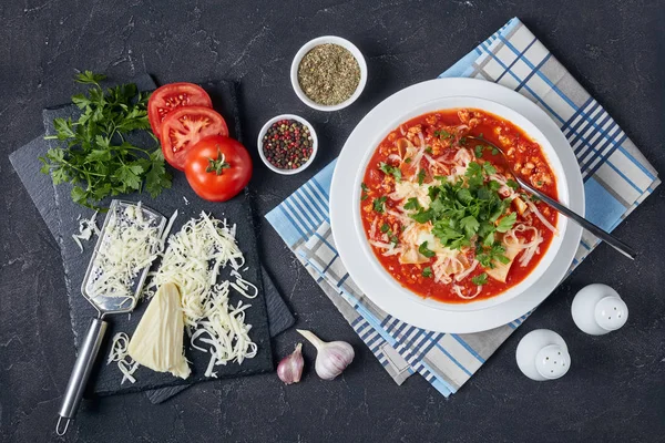 Gros plan de la soupe de lasagnes au poulet dans un bol — Photo