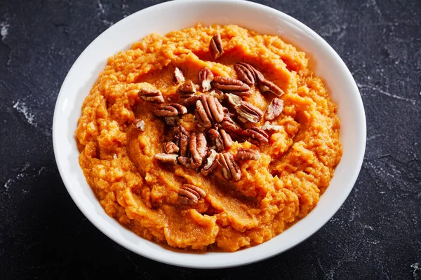 Close-up of delicious sweet potato mash, top view — Stock Photo, Image