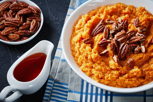 Mashed sweet potato topped with pecan nuts — Stock Photo, Image