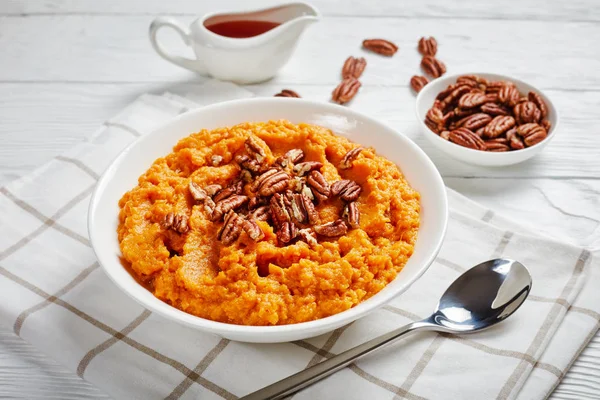 Mashed sweet potato topped with pecan nuts — Stock Photo, Image