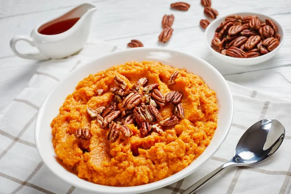 Mashed sweet potato topped with pecan nuts — Stock Photo, Image