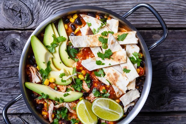 Chicken Taco Soup in a metal pot — Stock Photo, Image