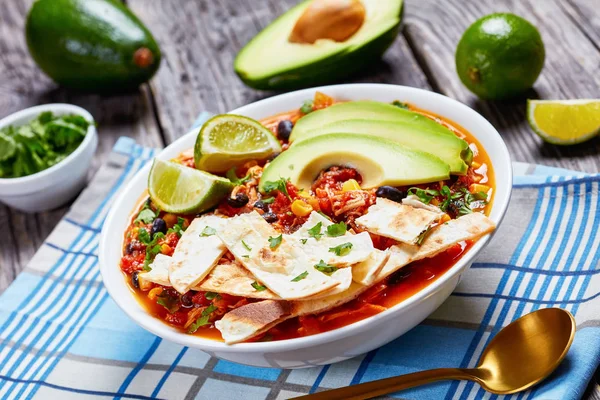 Meksika usulü doğranmış tavuk taco çorbası. — Stok fotoğraf