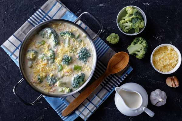 Broccoli and cheddar cheese soup in a saucepot — Stock Image Broccoli and cheddar cheese soup in a saucepot Stock Image