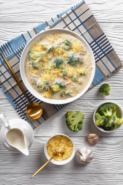Cheesy broccoli soup in a white bowl — Stock Image Cheesy broccoli soup in a white bowl Royalty Free Stock Images