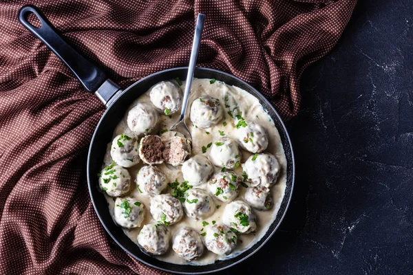 classic Swedish meatballs in a pan, flat lay