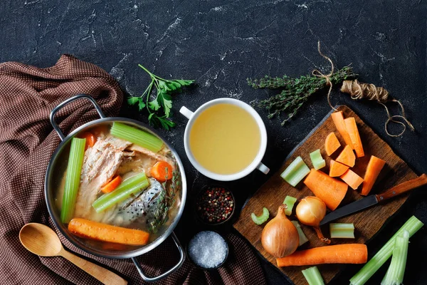 Fish Broth Soup Salmon Onion Carrot Celery Herbs Spices Stockpot — Stock Photo, Image