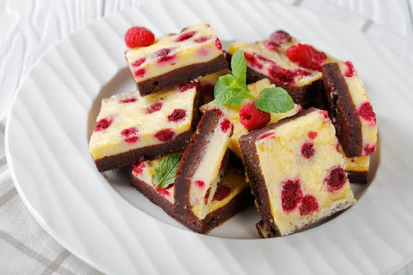 Delicious Vegetarian Raspberry Cheesecake Bars White Plate Horizontal View — Stock Photo, Image