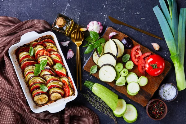 Tian Provencal Baked Vegetable Side Dish Baking Dish Concrete Table — Stock Photo, Image