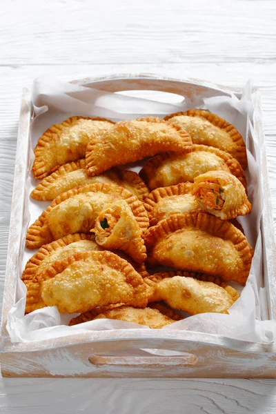 Delicious Deep Fried Red Hot Buffalo Chicken Empanadas Rustic Wooden — Stock Photo, Image