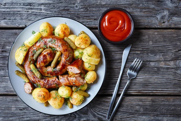 Roasted New Potato Sausage Gherkins Dinner Sprinkled Fresh Dill Plate — Stock Photo, Image