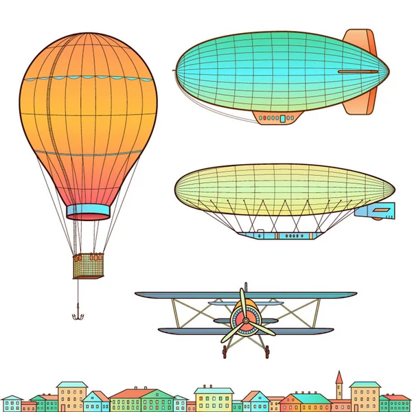 Dirigeables couleur, avion et ballon — Image vectorielle