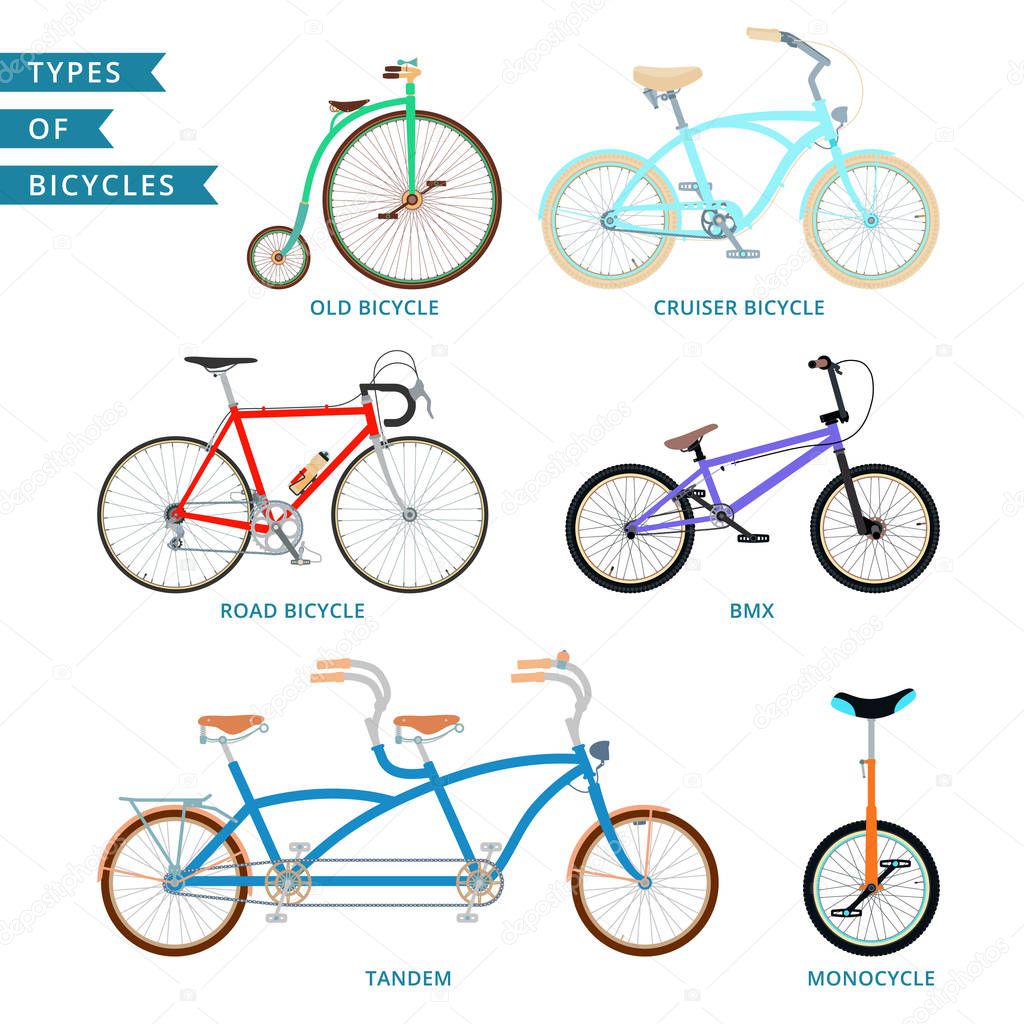 Types of colorful bicycles: road bicycle, BMX, tandem, monocycle, old bicycle, cruiser.