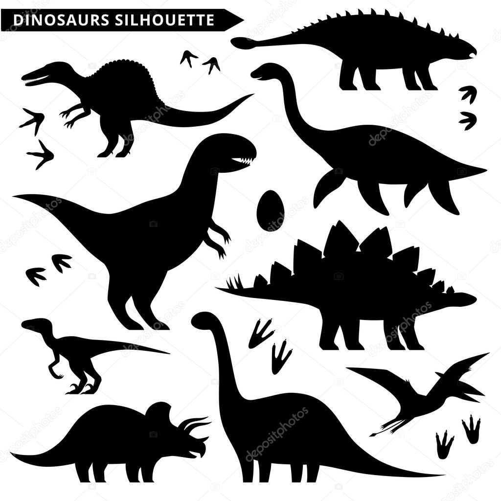 Dinosaurs silhouette set. Dinosaurus signs isolated on white.