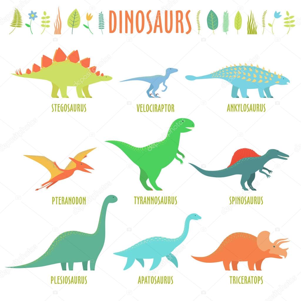 Dinosaur set isolated on white. Dinosaurus signs.